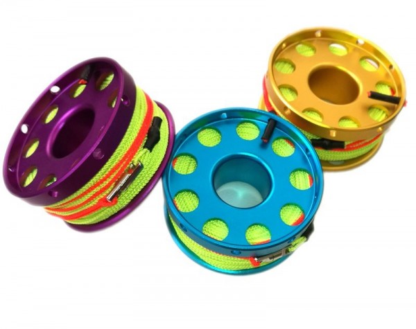 100ftAnodizedAluminumFlangeEdgeFingerSpoolwNeonYellowlinelineswivelPURPLEBody