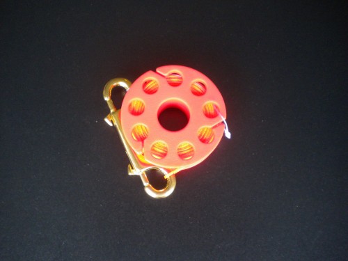 100FootFingerSpoolwLineSlots4inchBrassDEOrangeBodyOrangeLine
