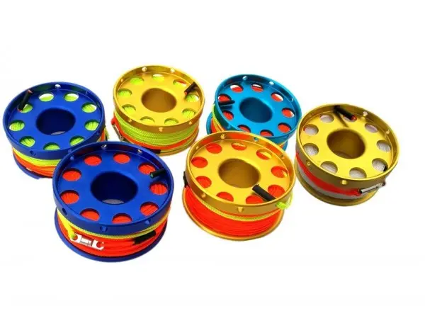 100ftAnodizedGoldAluminumFlangeEdgeFingerSpoolwlineswivelYellowroundline