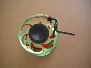 100 Foot Compact Flat Line Finger Spool w/ INTERNAL SPINNER / High Viz Orange line / Green Body - Product Image