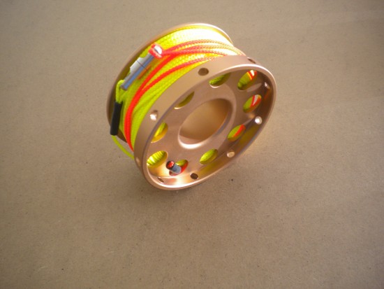New100ftAnodizedAluminumFlangeEdgeFingerSpoolwYellowLinelineswivelCopperSpool