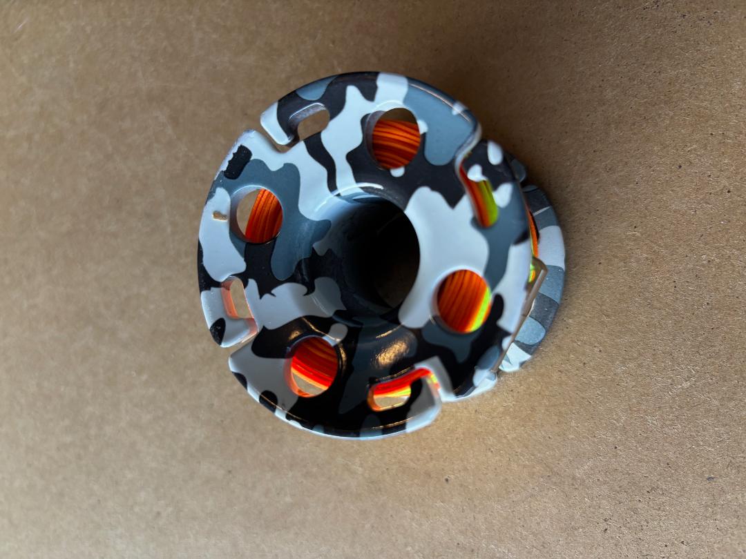 New Design! Epoxy Coated Black/Grey Camo Design Aluminum Spool W/ FLAT High Viz 100ft Neon Orange LINE & SS Line Swivel! - Product Image