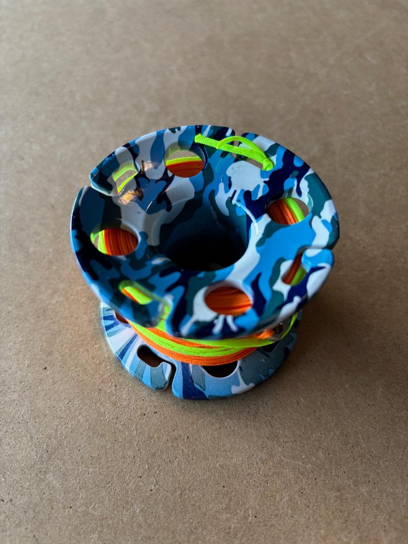 New Design! Epoxy Coated Blue / White Camo Design Aluminum Spool W/ FLAT High Viz 100ft Neon Orange LINE & SS Line Swivel! - Product Image