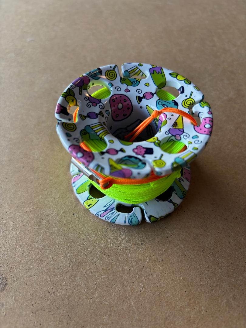 New Design! Epoxy Coated Party Design Aluminum Spool W/ FLAT High Viz 100ft Neon Yellow LINE & SS Line Swivel! - Product Image