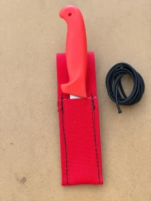 New! Dir Knife w/ Pocket & 4ft og 1/8" Black Bungee "Red Handle & Red Sheath" 