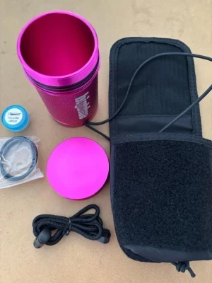 New! Pink Water-Tight Dive Canister Shown with Optional Holding Pocket!