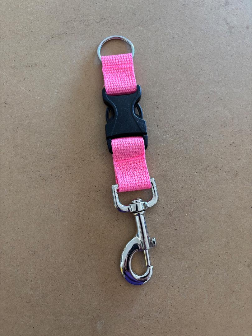 New! Quick Release Stainless Steel 360 Clip with Split Ring on one end "PINK Webbing"  - Product Image