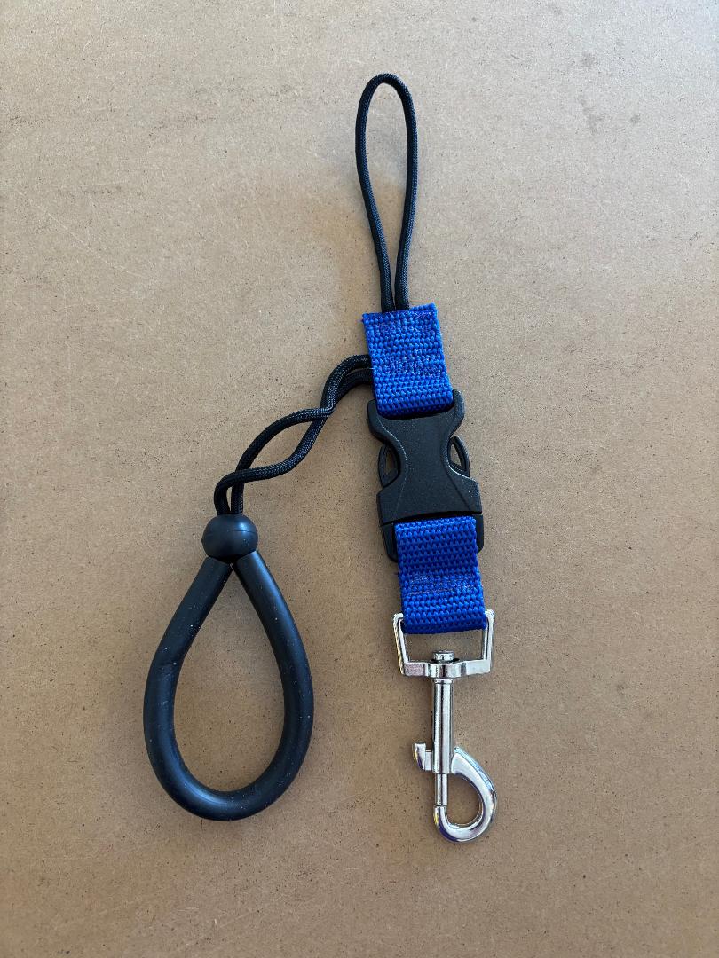New! Quick Release Stainless Steel 360 Clip with WRIST Lanyard on one end "BLUE Webbing" - Product Image