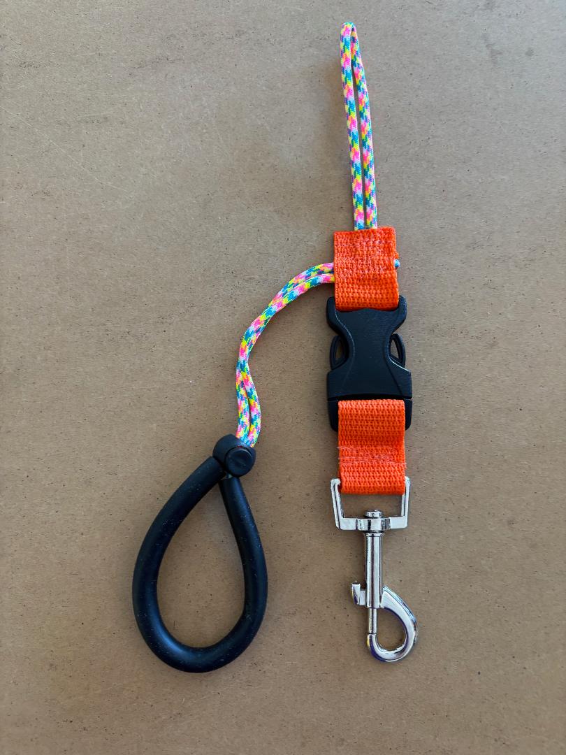 New! Quick Release Stainless Steel 360 Clip with WRIST Lanyard on one end "ORANGE Webbing" - Product Image