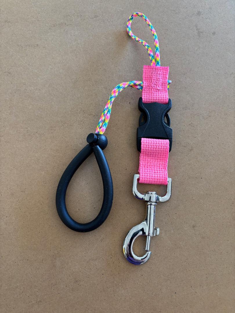 New! Quick Release Stainless Steel 360 Clip with WRIST Lanyard on one end "PINK Webbing" - Product Image