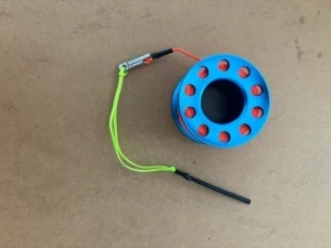 New Size! Mini 50ft Anodized Aqua Blue Aluminum W/ FLAT High Viz Neon ORANGE LINE & SS Line Swivel! - Product Image