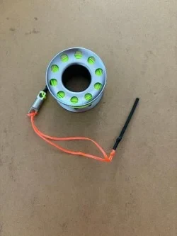 New Size! Mini 50ft Anodized Grey Aluminum W/ FLAT High Viz Neon High Vis GREEN LINE & SS Line Swivel! - Product Image