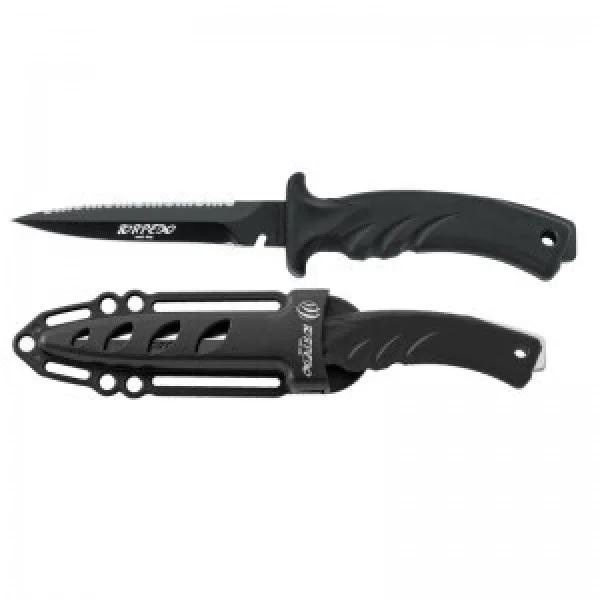 PiranhaTorpedoBlackCoatedBladeSpearFishingKnifeBlackHandleBlackBladeBlackSheath