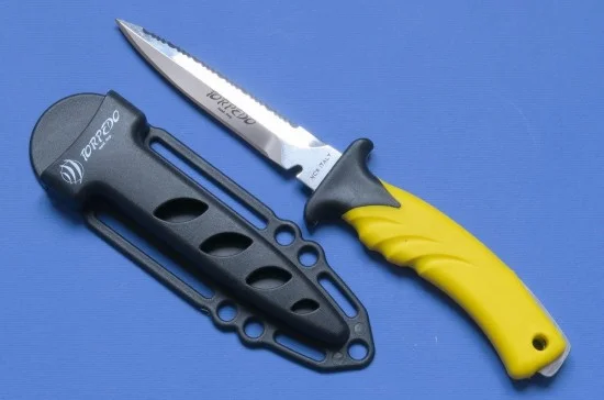 PiranhaTorpedoSSSpearFishingKnifeYellowHandleBlackSheath