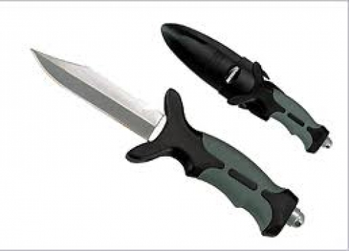 StainlessSteelPointedtipLegknifewithSheathBlackBluehandleBlackSheath